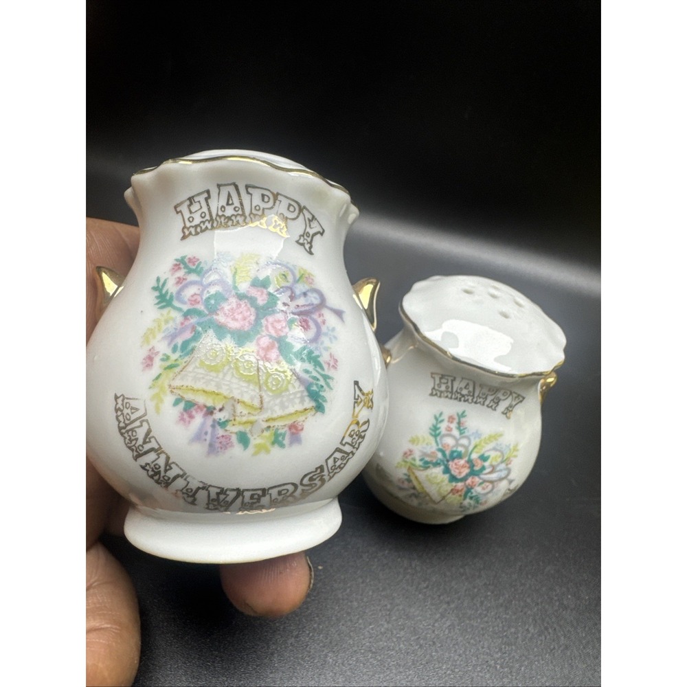 Happy Anniversary Vintage Salt and Pepper Shakers Floral Wedding Bells JAPAN